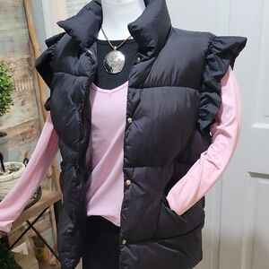 Women's Elegant Black Ruffle Puffer Jacket Oversized M